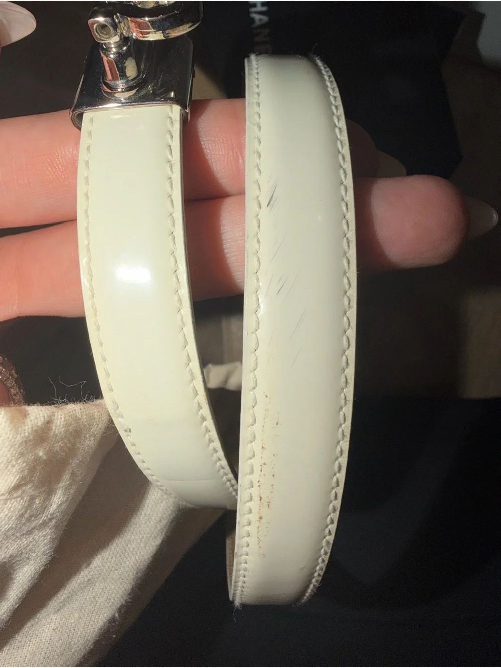 Salvatore Ferragamo Cream Patent Leather Belt with Silver Hardware